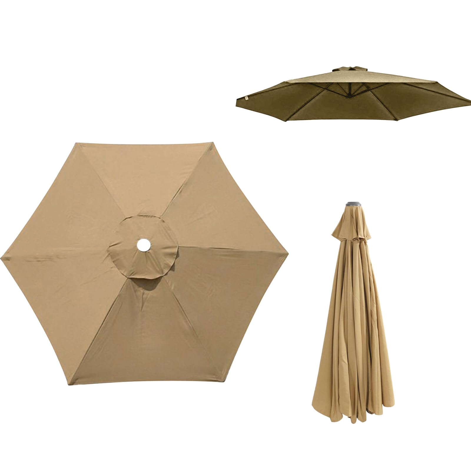 KMDZDZGS 2.7m/3m Replacement Parasol Canopy, Sun Umbrella Fabric Cover with 6/8 Ribs, Anti-UV Garden Patio Parasol Cover Sun Shade Canopy for Outdoor Table Umbrellas (Khaki - 3m, 6 Ribs)