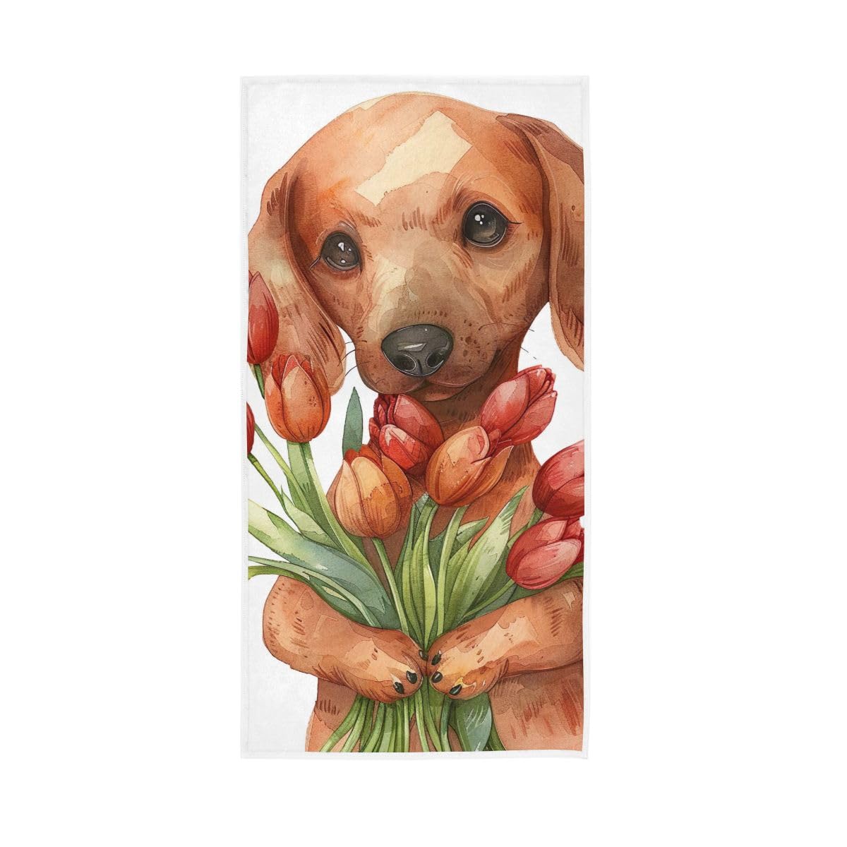 HUYGD Cute Dachshund Dog Holding Flowers Hand Towels, Hand Towels Cotton for Bathroom, Gym, Hotel, Spa 15 x 30 Inches