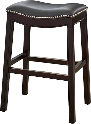Miniatura 15 de New Ridge Home Goods Julian Taburete de bar de madera sin respaldo de 31 pulgadas, marco espresso con asiento tapizado negro Asiento de piel