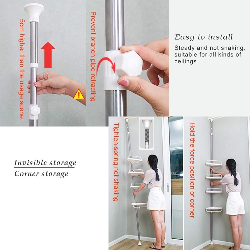 Colonna Doccia Angolare In Acciaio Inox, 4 Ripiani Regolabili, Da 137 A 289 Cm, Bianca, Senza Fori - 3