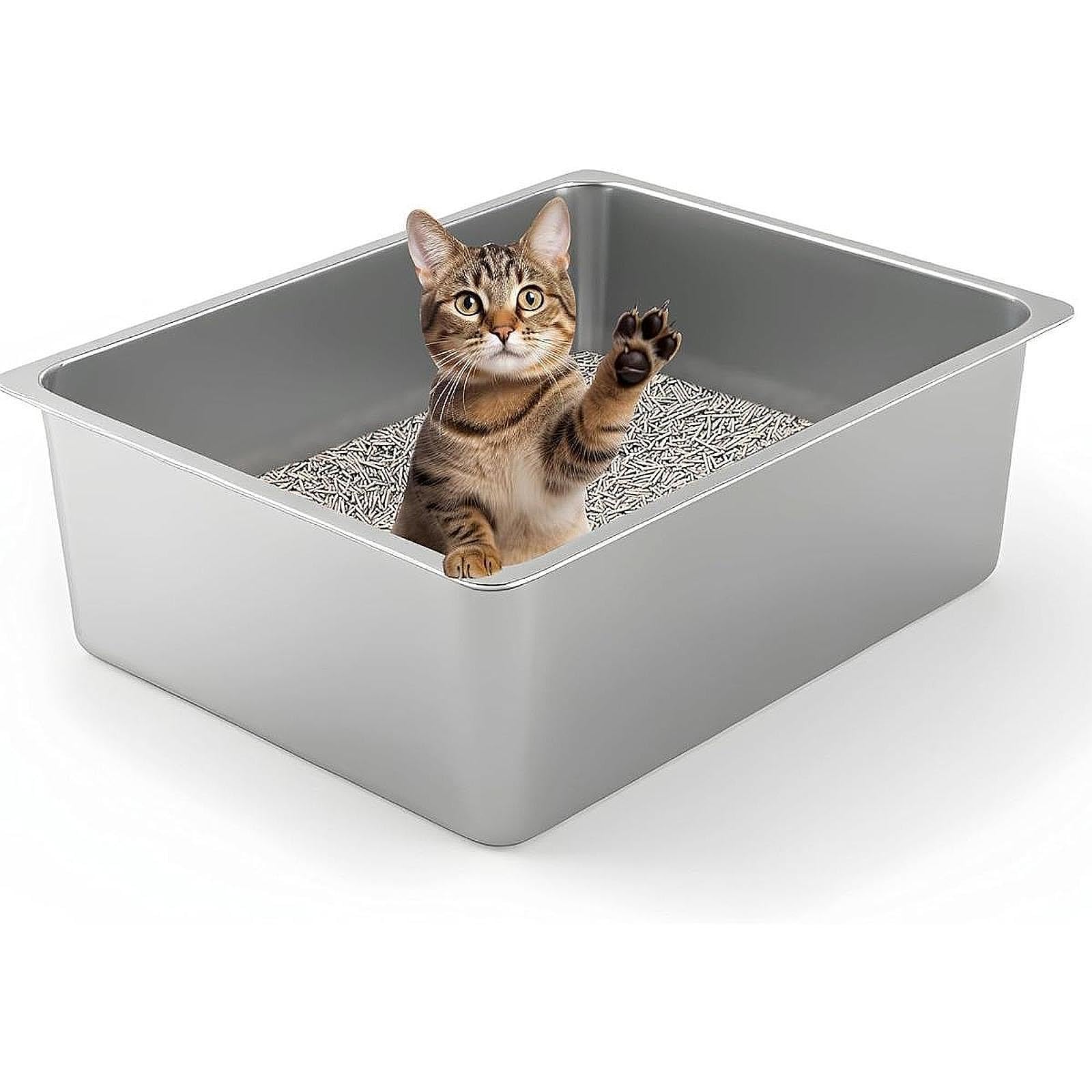 Katzenstreu Schale Offene Katzentoilette Metallschale mit Hohen Seiten Spritzschutz Funktion Siefendeckel Zweck rutschfest für Katzen Kaninchen Hamste, 45cmx35cmx15cm