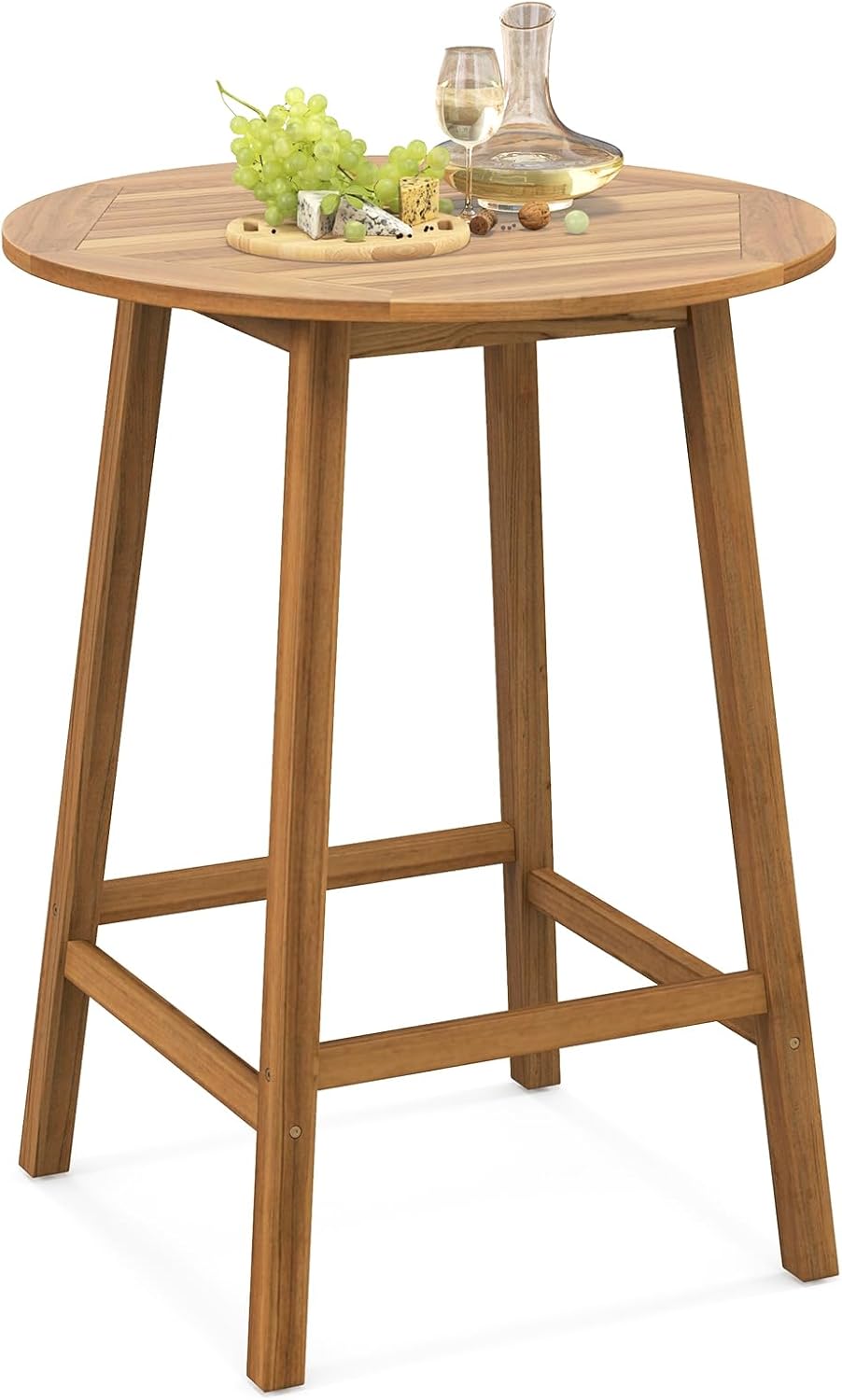 Tangkula 31.5” Acacia Wood Patio Bar Table, Round Bistro Table with Umbrella Hole, Outdoor Dining Table for Garden, Backyard, Poolside