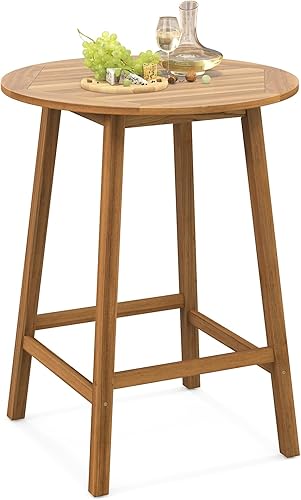 Tangkula Mesa de bar de madera de acacia de 31.5 pulgadas, mesa redonda de bistró con agujero para paraguas, mesa de comedor al aire libre para