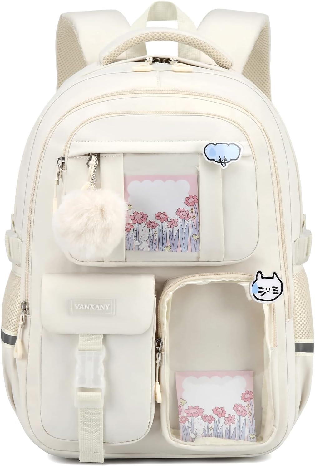 Backpack for Teen Girls, Cute Aesthetic School Backpacks with Accessories for Middle High School Students, Designer Backpack for Kids Bookbag, Beige