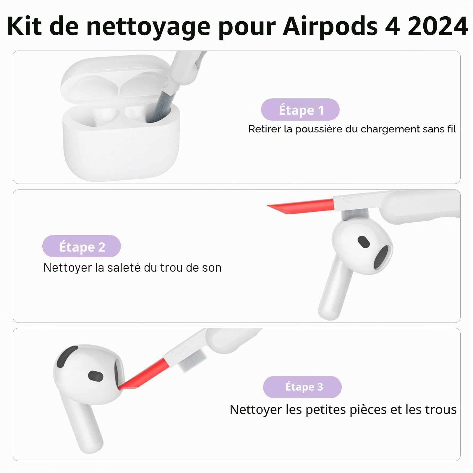 Coque Étui Protecteur Compatible avec AirPods 4 2024, LED Avant Peut être Visible, Housse en Silicone Anti-Choc Etui de Protection pour Airpods 4ᵉ Génération avec Kit de Nettoyage, Lavande