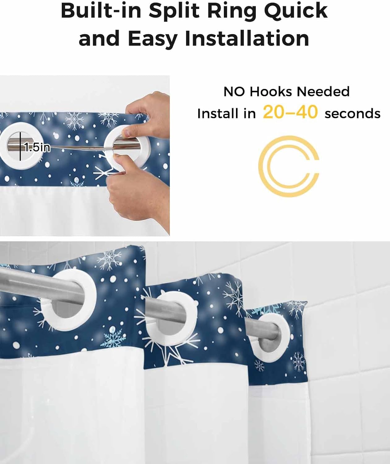 Christmas No Hook Shower Curtain with Snap in Liner, Blue Snowman Snowflake Shower Curtain for Bathroom Waterproof Winter Xmas Bath Curtain with See Through Mesh Top Window, 72" x 72"