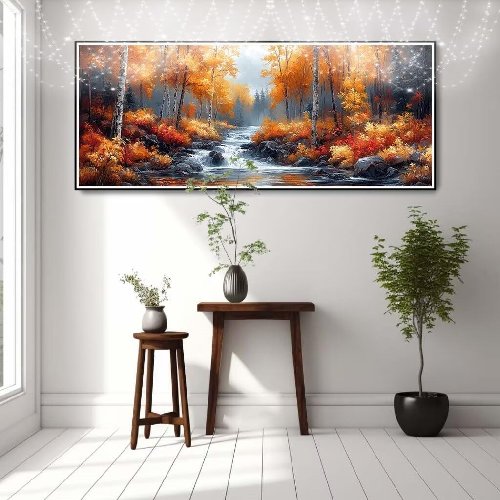 Obraz diamentowy 5D dla dzieci, mały las brzozowy, strumień, obraz diamentowy (80 x 200 cm), tworzenie mozaiki według liczb, zestaw do malowania krzyżykowego, obraz dla dorosłych, do dekoracji domu 8E