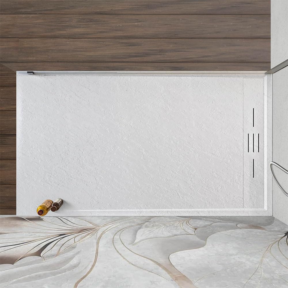 Piatto doccia 70x140 cm bianco effetto pietra in resina, spessore 3 cm e scarico con canalina, riducibile su misura ARGO