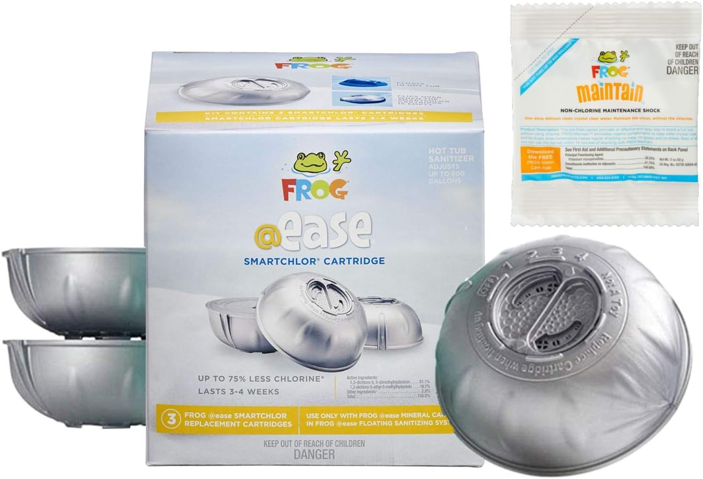Frog @Ease SmartChlor Replacement Cartridges 3 Pack with Bonus Packet of Frog Maintain Non-Chlorine Shock and Hot Tub Water Balancing Guide