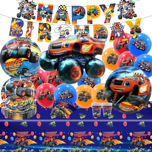 BAISHUWU Monster Truck Luftballons Partygeschirr, 85 Stücke Monster truck geburtstag deko, Monster Trucks Theme Luftballons, Monster Truck Ballons, Monster Truck Party Geschirr, für Kinder Geburtstag