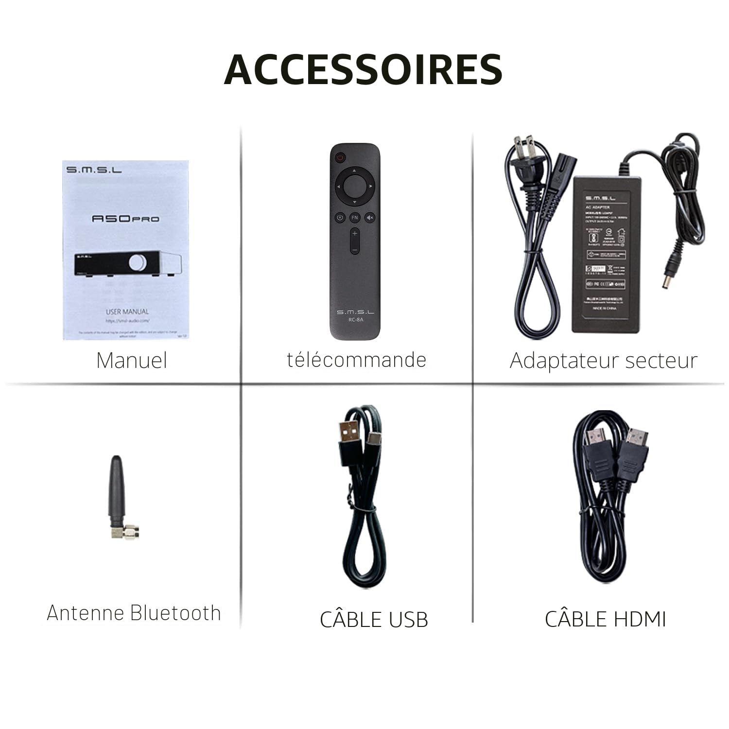 S.M.S.L A50 PRO Amplificateur Hi-Fi 2.1 canaux, filtre passe-bas/passe-haut, puce Infineon MA12070P, Bluetooth 5.0/USB/HDMI/AUX, caisson de basse passif avec volume réglable