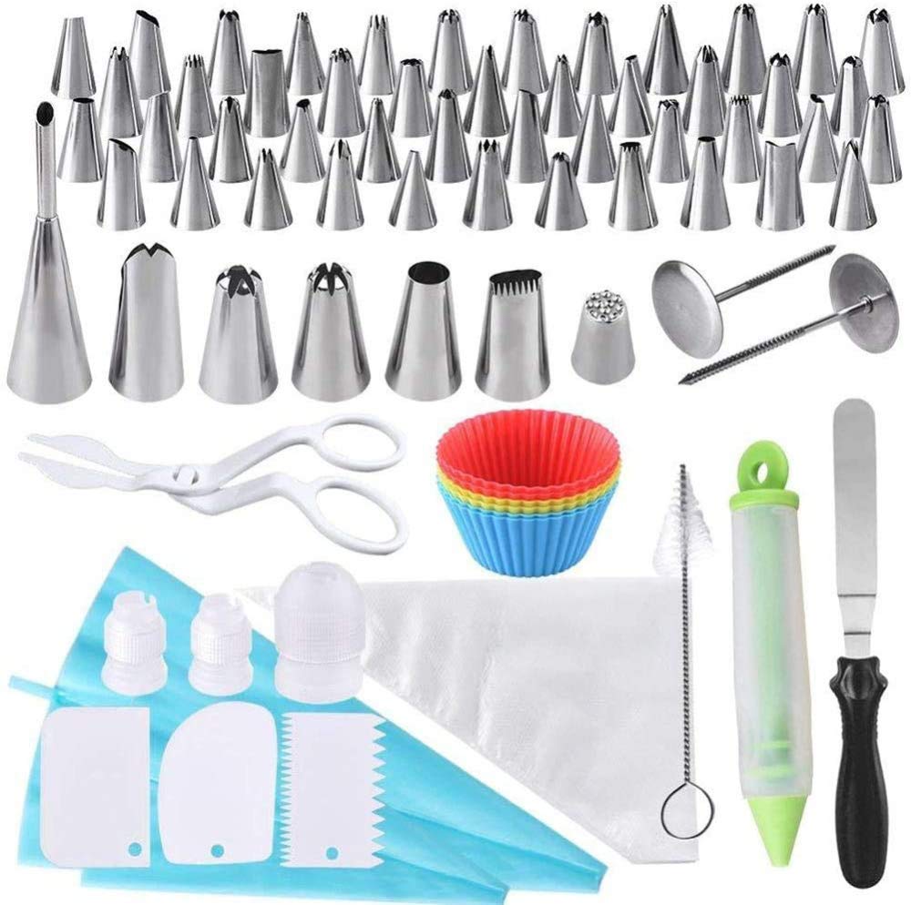Juego de boquillas de tubería de 100 piezas, con boquillas de tubería de acero inoxidable, bolsas de tubería desechables, decoración de pasteles, juego de hornear para cupcakes, rosas,