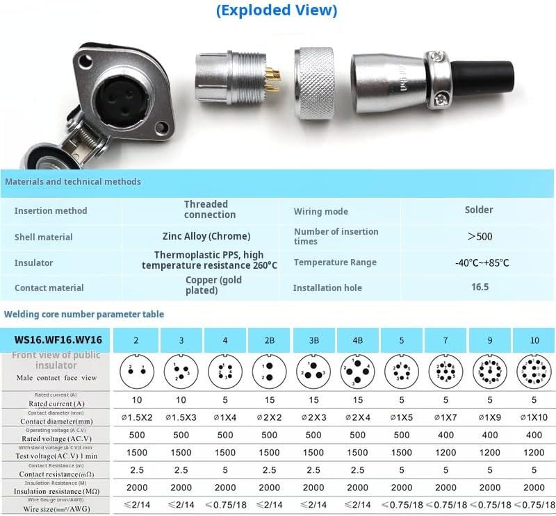 1PCS WS16 Connector 2 3 4 5 6 7 9 Pin High Voltage Waterproof Connector Plug Socket Industrial Power Metal Cable Connectors(Plug,5P)
