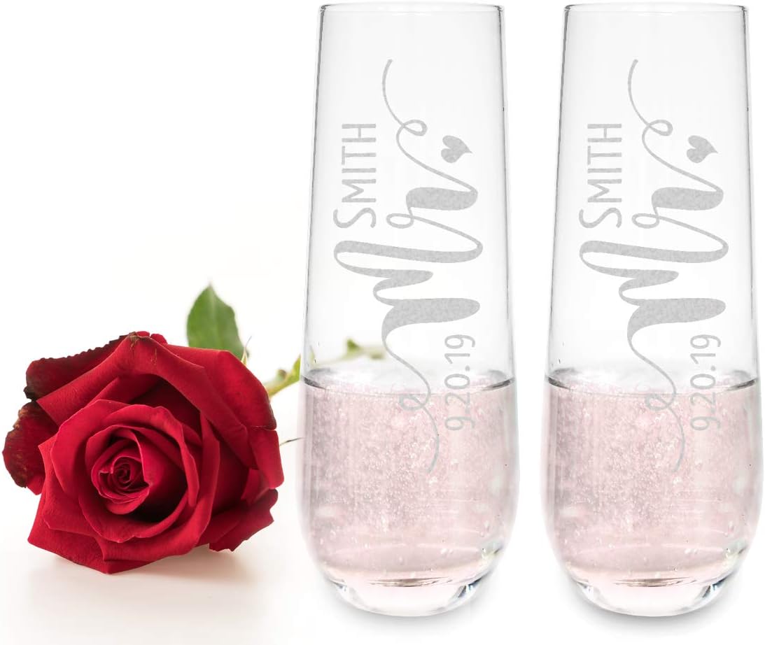 Mr Mrs Stemless Champagne Personalized Glasses Bride Groom Engraved Set of 2 Wine Flutes Engaged Proposal Custom