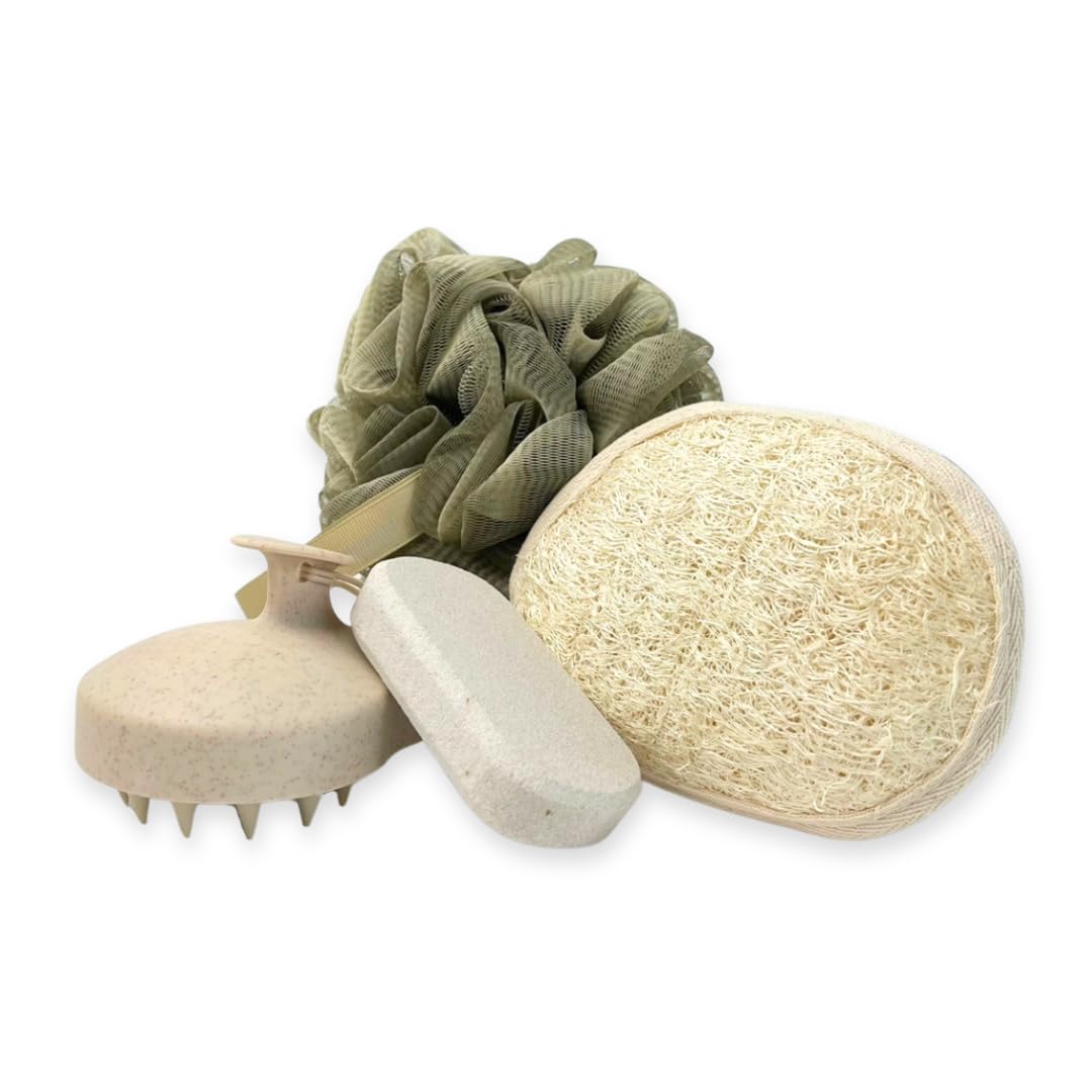 Exfoliating Bath Set 4-Piece – Loofah, Pumice Stone, Scalp Massager & Body Scrubber | Spa Gift Set | Home Spa Kit