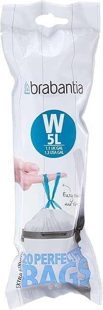 Brabantia IdealFit Bin Liners (Size W/5 Litre) Ideal Quality Thick Plastic Trash Bags with Tie Tape Drawstring Handles (20 Bags), White