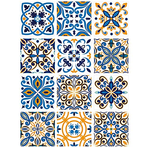 | Sticker Carrelage | Planche de 12 Stickers Carrelage - Carreaux de Ciment - Modèle AZULEJO - Dimensions d'un Carreau : 10 x 10 cm - Salle de Bains Crédence Meubles ...