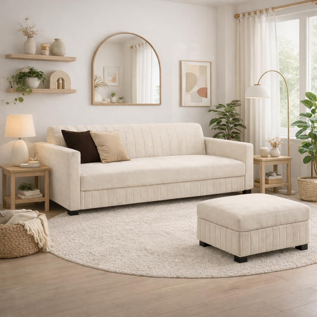 FURNY Luxora 3 Seater Fabric Sofa Set with 1 Ottoman (Cream) with Velvet Finish | Durable Comfort | Ideal for Living Room-image-25