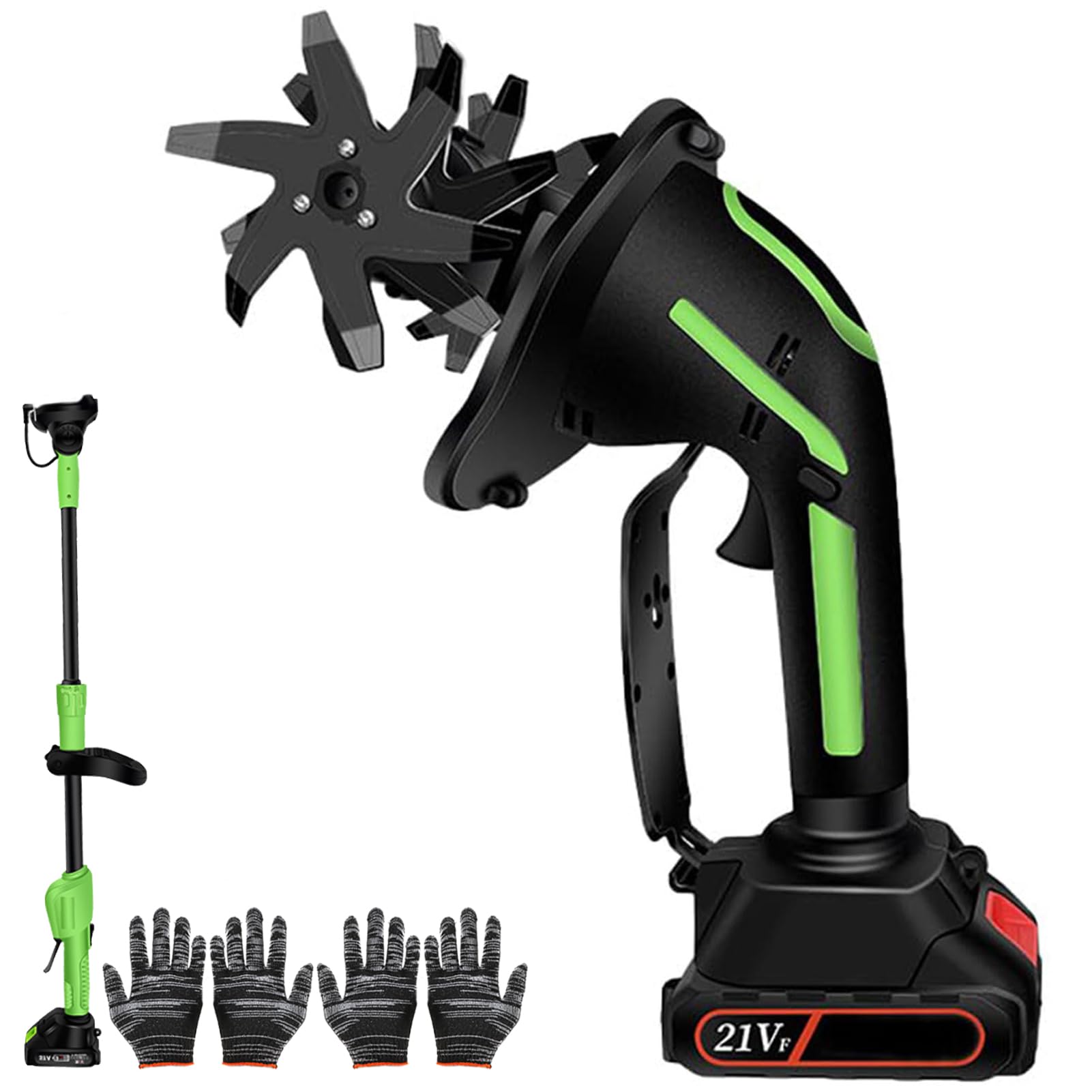 21V timón eléctrico inalámbrico, cultivador de jardín de mano con 2 baterías, 4 cuchillas de acero de manganeso para el aflojamiento del suelo, desyere y azada en invernadero, césped, pequeño patio, 1