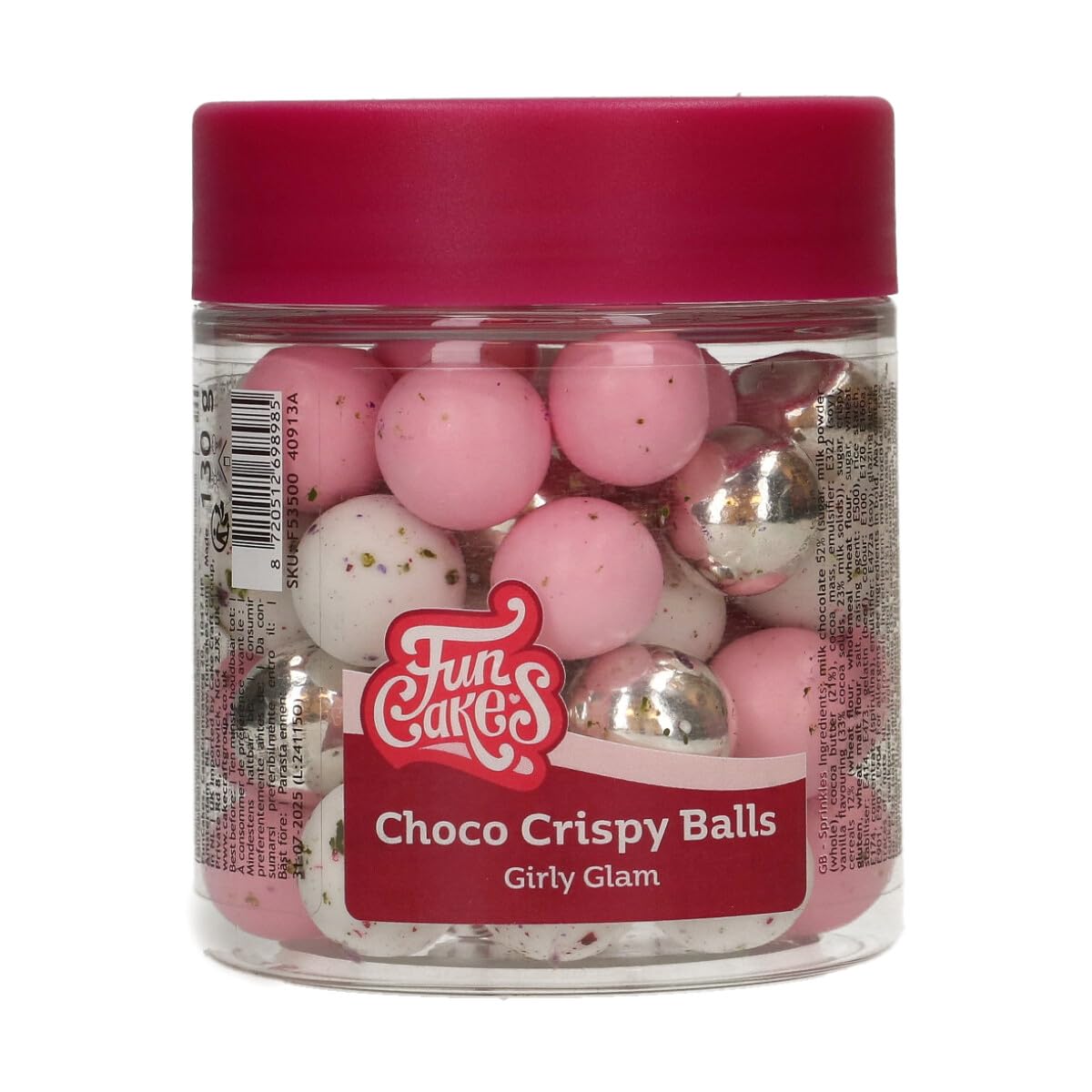 FunCakes Choco Crispy Balls - Girly Glam - Decoraciones Comestibles de Chocolate, Perfecto para Decorar Tartas, Magdalenas, Bizcochos y Pasteles - Decoración de Tartas, Pastelería - 60g