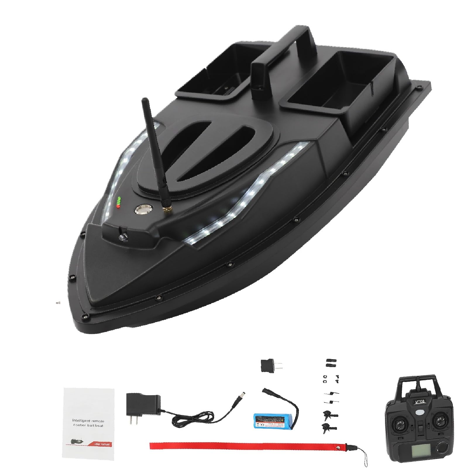 V700 Bait Boat -High Speed Fishing Bait Boat with 5200mAh Battery, USB Rechargeable Bait Dispenser for Lake Fishing & Pond Management, Black RC Craft for Anglers