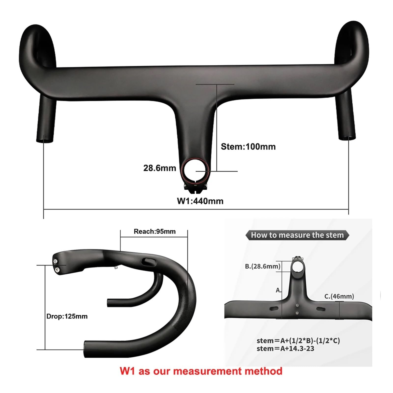 Ultralekkie rowery szosowe z włókna węglowego, kierownica rowerowa z włókna węglowego, zintegrowana kierownica rowerowa 400/420/440 mm, UD, matowa kierownica rowerowa (bez logo, 440-100)
