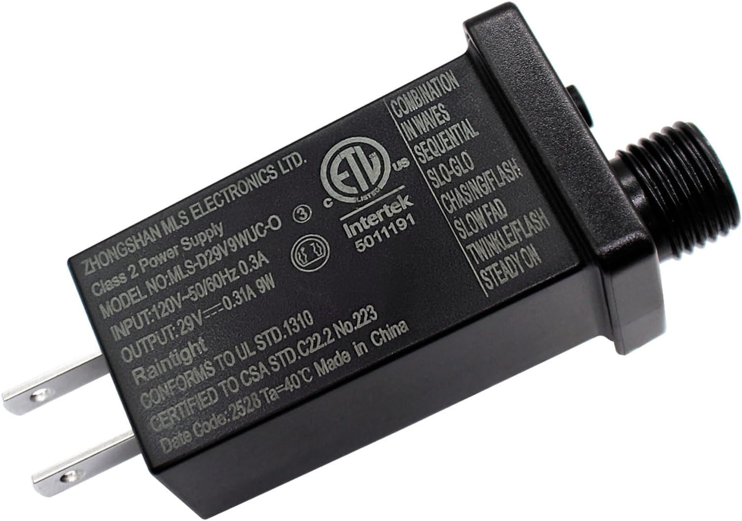 Transformer Class Two LED Power Supply, Waterproof IP44 Low Voltage Seasonal Use LED Driver US CA Plug for Christmas String Light (29V/9W)