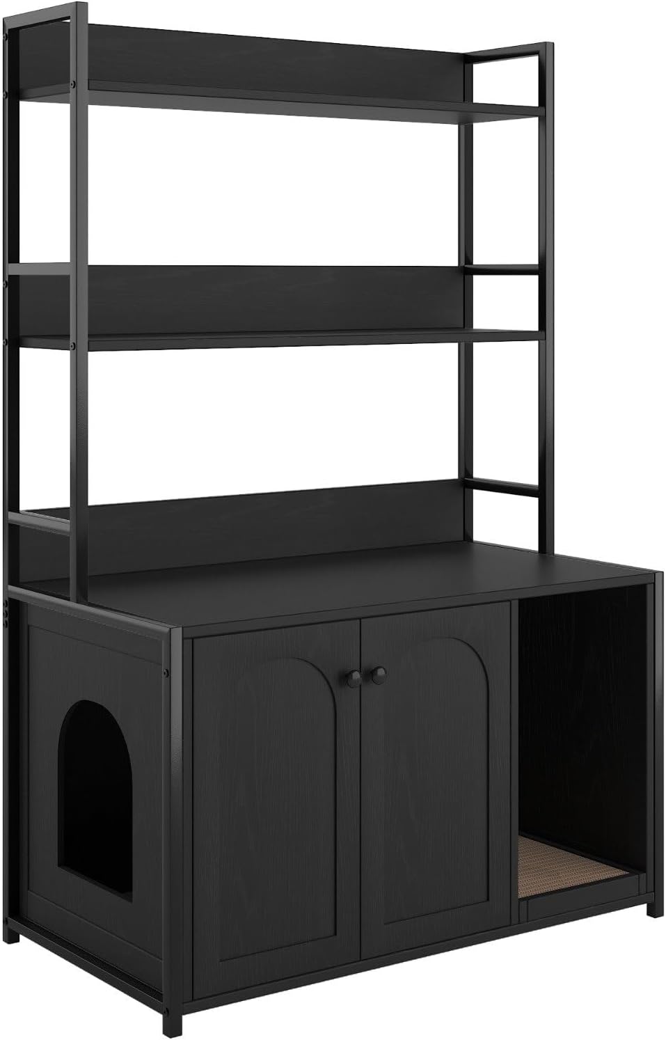 Multi-Functional Cat Litter Box Cabinet with 2 Doors, Indoor Hidden Cat Washroom with Shelf Storage, Wooden Cat House with Scratching Pad, Black