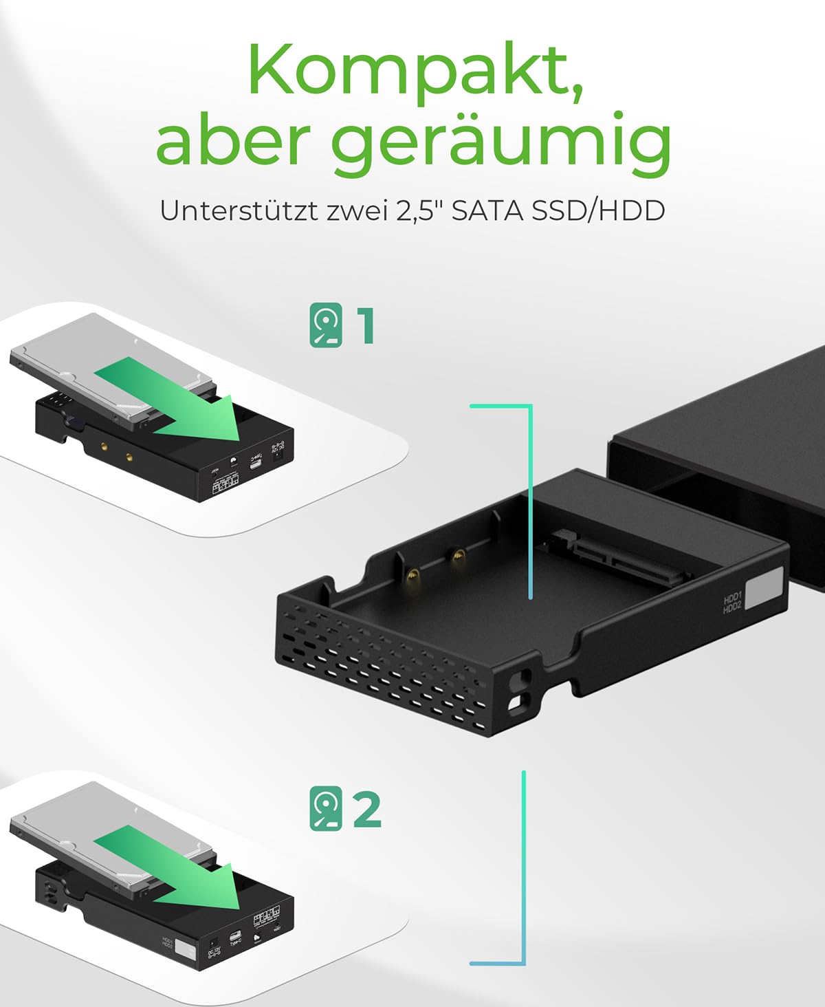 ICY Box Obudowa RAID do 2X 2,5 cala SSD i HDD, USB-C & USB-A, USB 3.1 Gen2 (10 Gbit/s), aluminium, czarna, IB-RD2253-C31