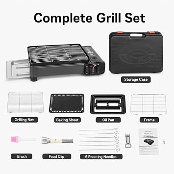 Gas Grill Butane Stove, Portable Camping Grill Gas Stove with Grilling Net - Adjustable Firepower for Camping Traveling Outdoor Cooking, Black