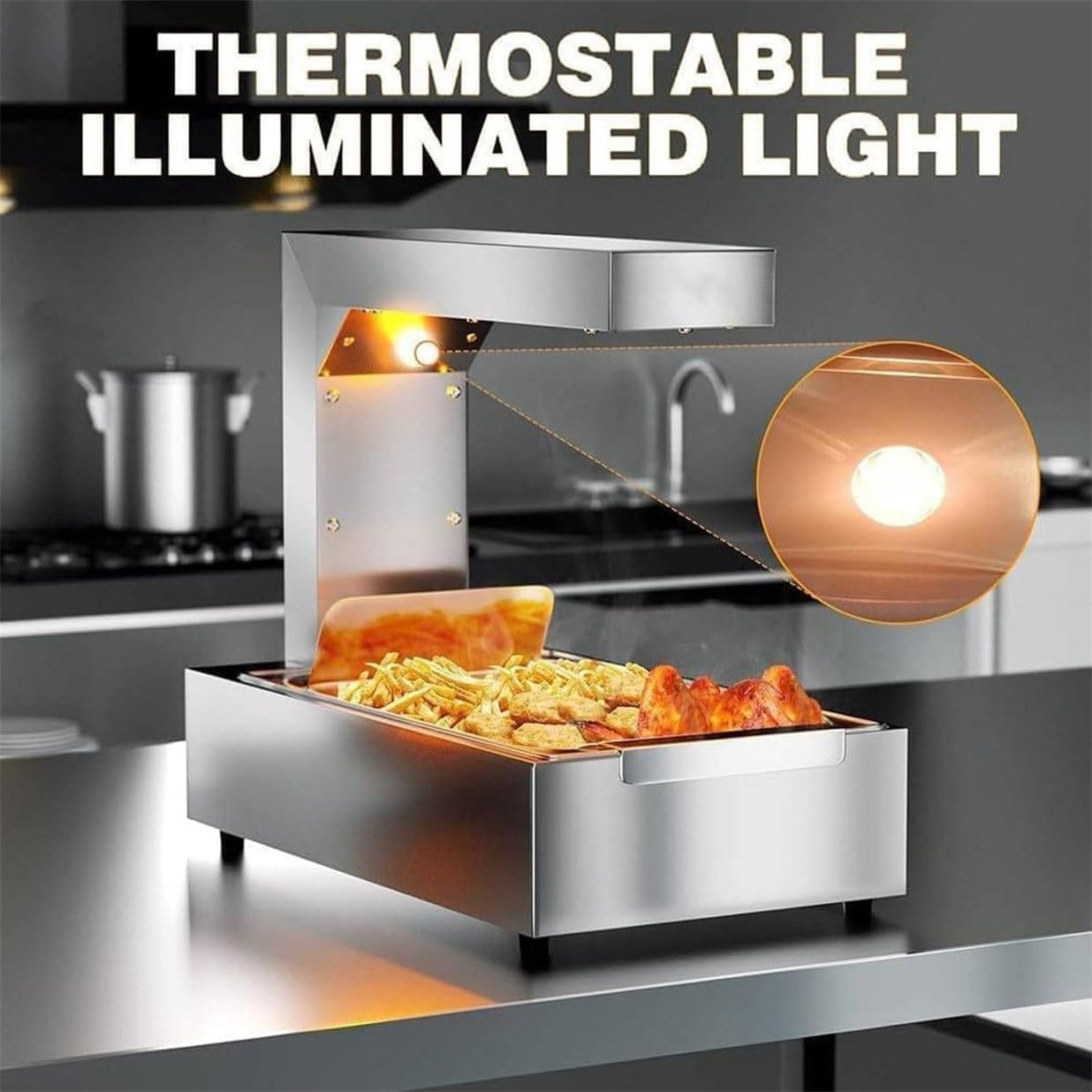 Lampada riscaldante per alimenti, per friggere alla francese, per piano di lavoro, temperatura regolabile da 30 a 85 °C, ideale per pizza, pollo fritto, stazione di riscaldamento