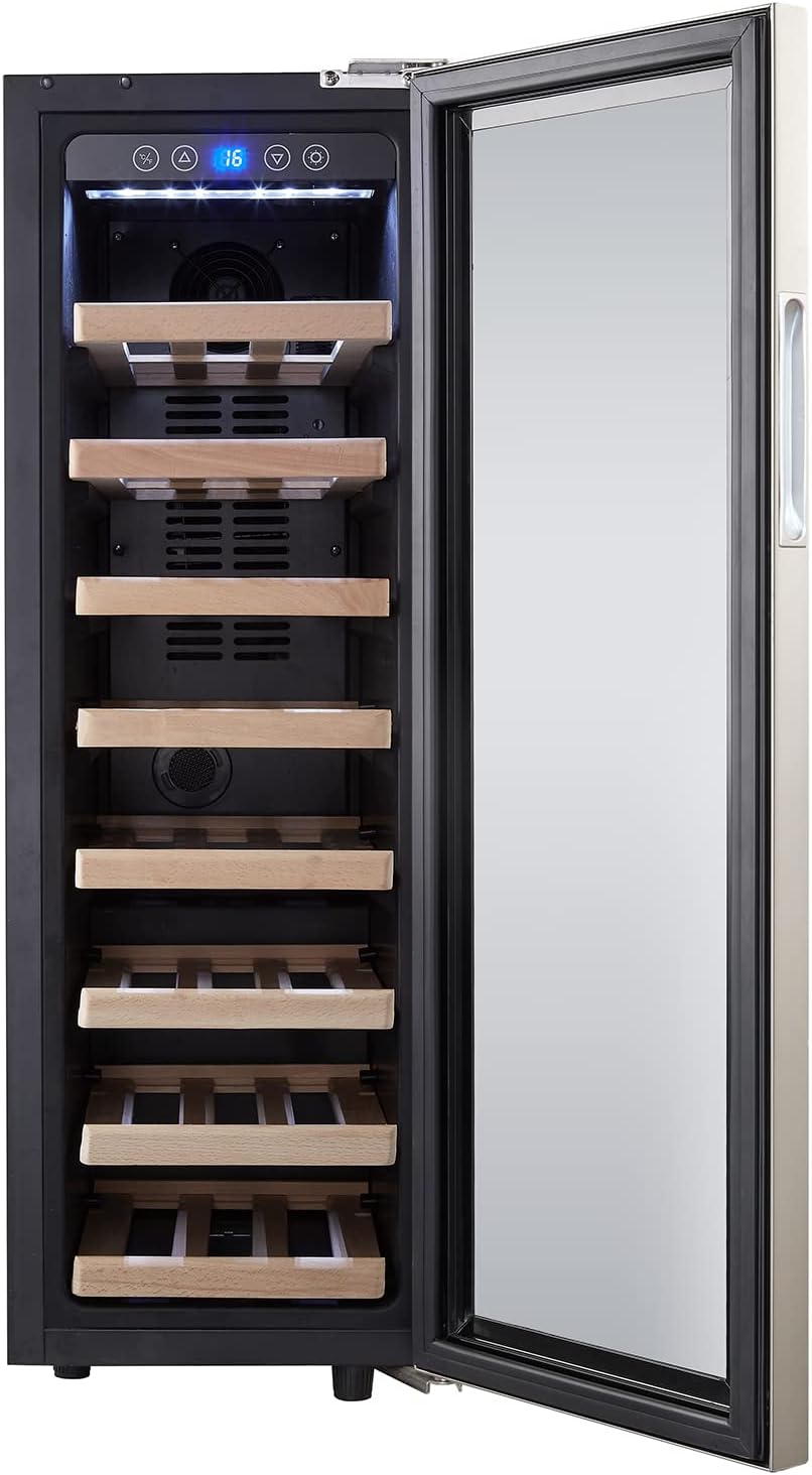 Image emphasizing the quiet operation of the Kalamera KRC-75ASS wine refrigerator, with a dog sleeping peacefully nearby. Text highlights 'SUPER QUIET', 'Low Noise', 'Low Vibration', and 'Adapted Compressor System'.