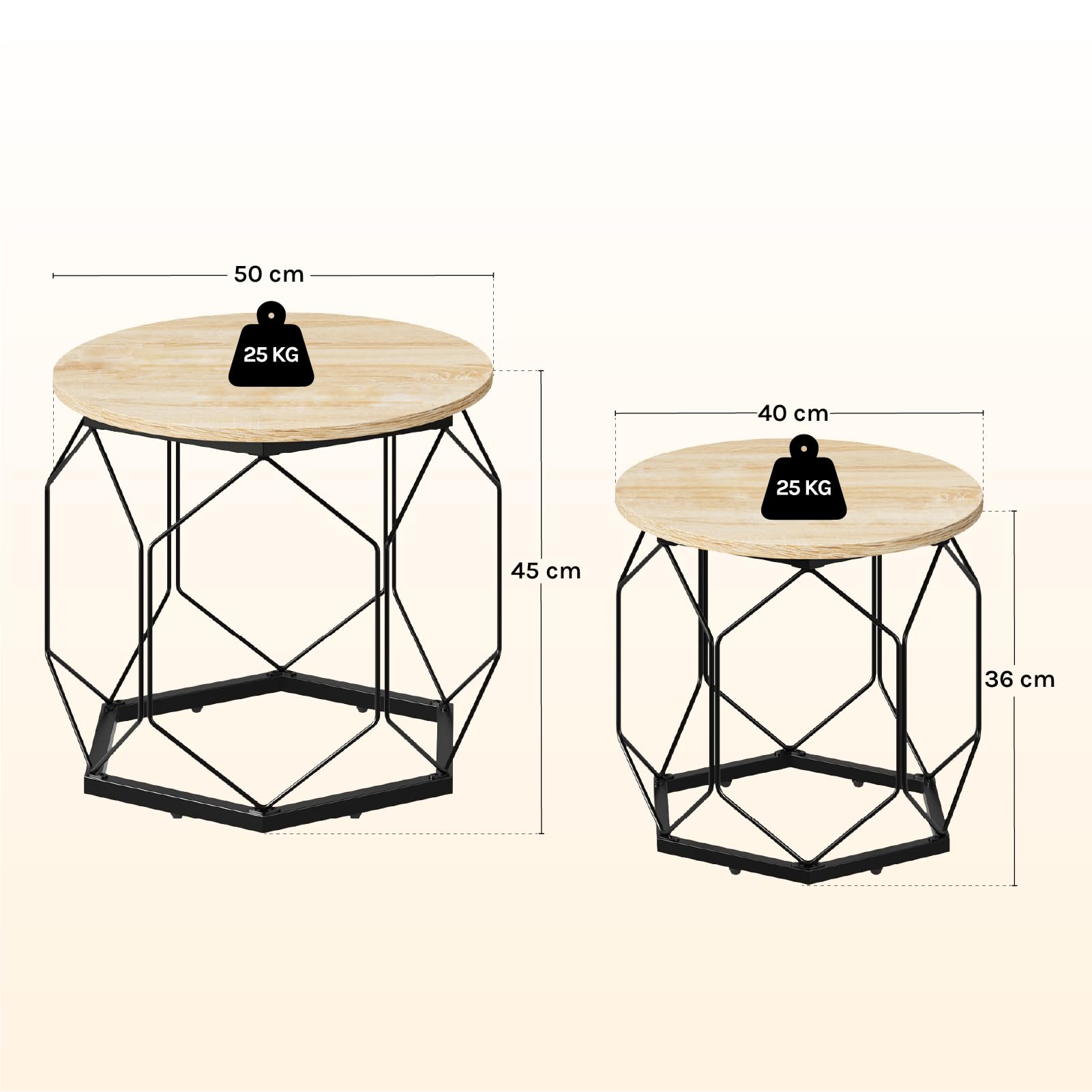 WOLTU Juego de 2 Mesitas de Cafe, Auxiliar con Tablero Redondo, Mesa Centro en Estructura Metálica, Ideal para Salon y Dormitorio, Roble Claro+Negro, BTS05hei