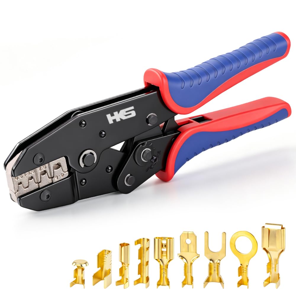 HKS Crimping Tool for Non-Insulated Open Barrel Terminals & Receptacles - Ratcheting Wire Crimpers - AWG 20-10 (0.5-6mm²) U-Shaped- Ratchet Terminal Crimper - Electrical Crimping Tool