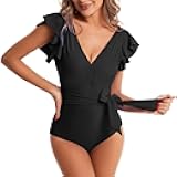 Century Star One Piece Swimsuit Womens Deep V Neck Bathing Suit Ruffle Lace Up Tummy Control 1 Piece Swimsuit