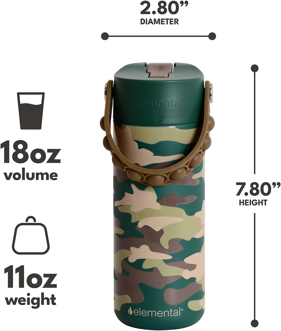 Elemental Insulated Kids Water Bottle, Stainless Steel Water Bottle with Straw Lid & Pop-It Handle, Leak-Proof Water Bottles for School, Boys or Girls, Travelling and Sports, 18oz - Green Camo - Image 2