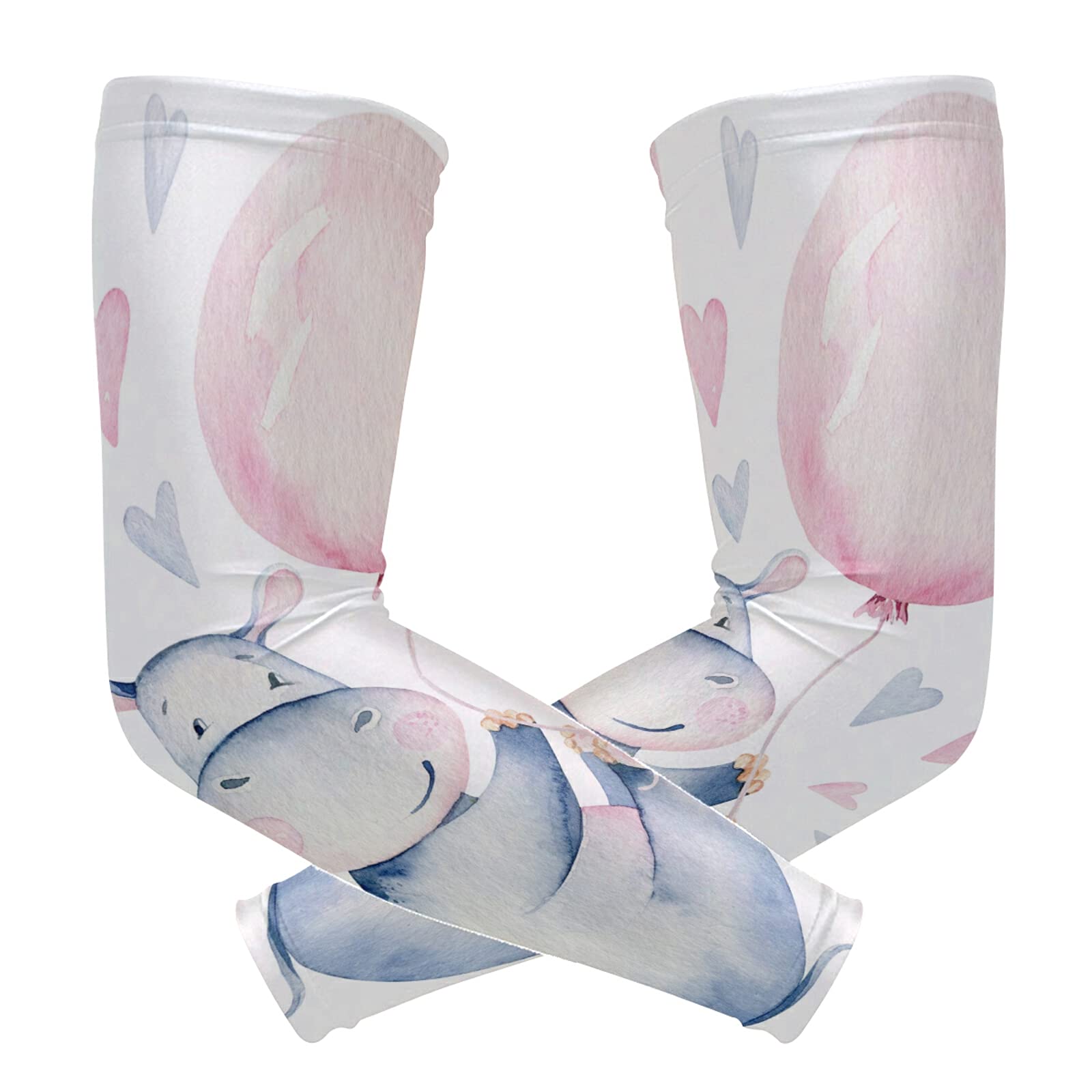 Hupery Watercolor Hippo Arm Sleeves Sun UV Protection Arm Cover Moisture Wicking Cooling Compression Arm Sleeves for Men Women Running Basketball Outdoor Golf Cycling