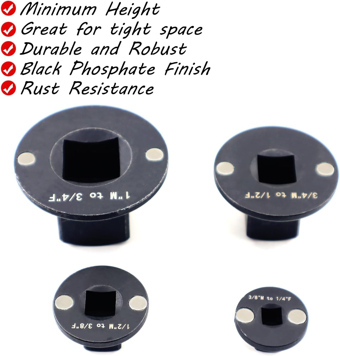 4PCS Low Profile Impact Socket Adapter Set. Drive Ratchet Adapter Set (1" to 3/4", 3/4" to 1/2", 1/2" to 3/8",and 3/8" to 1/4"）