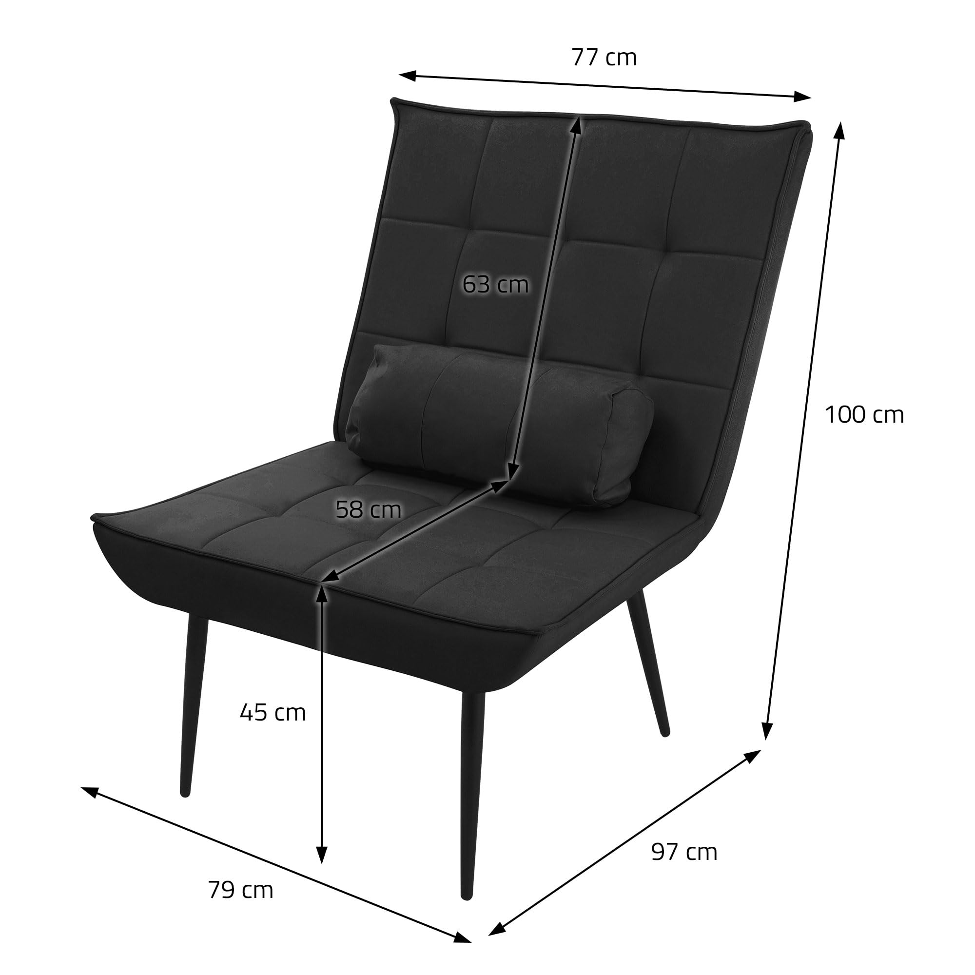 ML-Design Sillón Reclinable Negro con Cojín Lumbar, Asiento con Revestimiento Cómodo y Suave con Patas de Metal Negro Sofá Individual para TV, Comedor, Salón Diseño Retro Elegante Mueble Tapizado