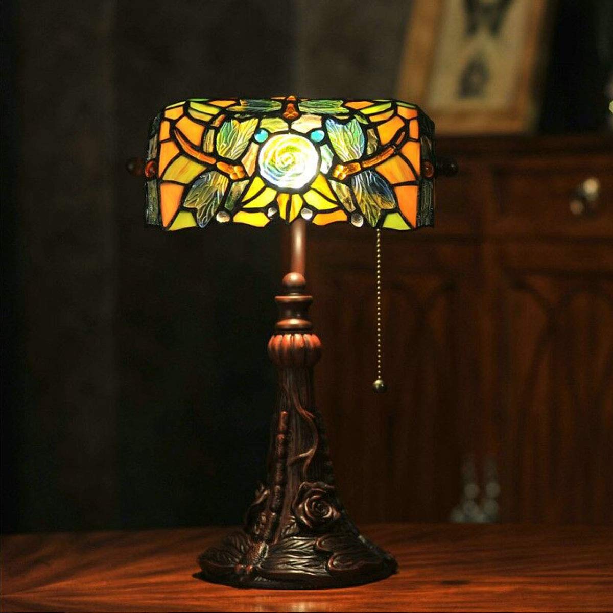 Tiffany Schreibtischlampe Retro Bankerlampe Klavierleuchte Klavierlampe Tischlampe Bunte Glas Schlafzimmer Nachttischlampe (Dragonfly)