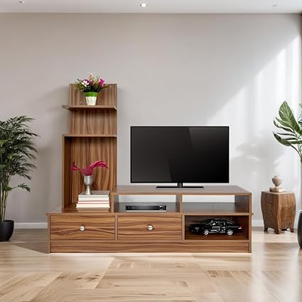 Raywud MediaMax TV Unit for Living Room | 1 Year Warranty | TV Cabinet for Living Room, TV Unit, Engineered Wood TV Unit with 2 Drawer (Teak Walnut)