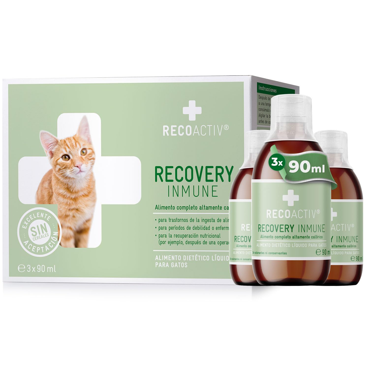 RECOACTIV Recovery Immun Gatos - alto en calorías, muy palatable, para un rápido aumento de peso y en caso de desnutrición, durante la recuperación y en caso de ingesta reducida de alimento, 3 x 90 ml