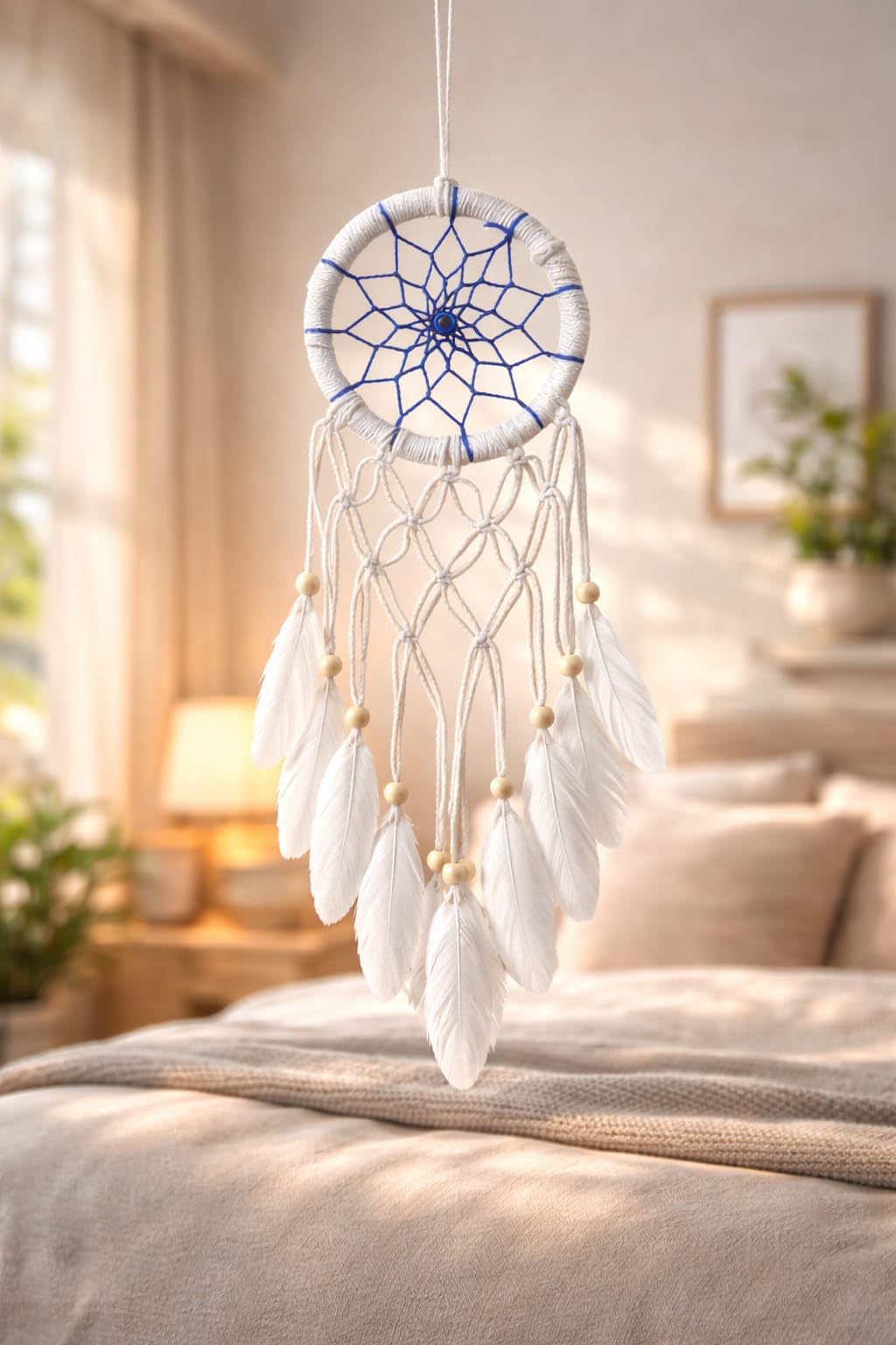 Evil Eye Bead White & Blue Dream Catcher with Feathers – Handmade Wall Hanging Dreamcatcher for Bedroom, Living Room & Home Décor | Boho Spiritual Decorative Hanging Ornament (Blue Jaal)-image-13