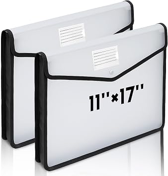 AmazingSpark 2 Pcs 11 x 17 Inch Expandable Tabloid Size Document Folder Organizers with Snap Closure & Label, Clear Plastic Expanding File Folder for A3 Ledger Size Plots Charts Black