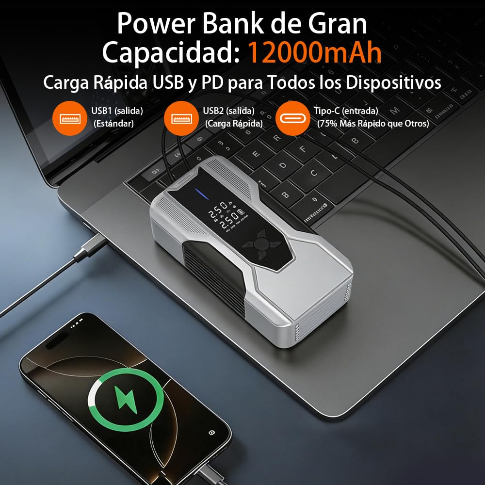 AWESAFE 12000Mha Inflador de Neumáticos 150PSI con Arrancador de Baterias de Coches (Todo Gasolina o 10L Diésel), Compresor de Aire Portátil para Coche con Pantalla LCD, Luz de Emergencia