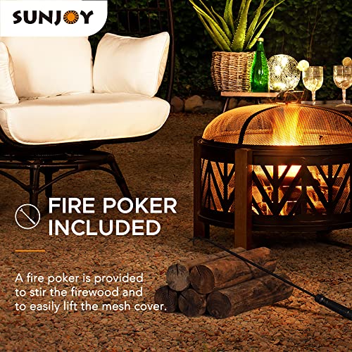 Sunjoy 27 In. Large Fire Pits For Outside Round Wood-Burning Fire Pit, Outdoor Patio Steel Bowl Shape Fire Pit With Mesh Spark Screen And Poker Tool #TOP2