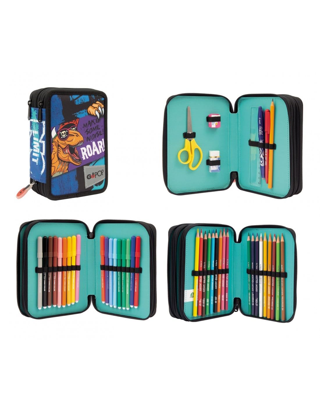 PRESTIGE & DELUXE Zaino Scuola GOPOP T-rex Dinosauro GIOCHI PREZIOSI 5 pop-up chiusura scatto + astuccio 3 piani + Set per la scuola