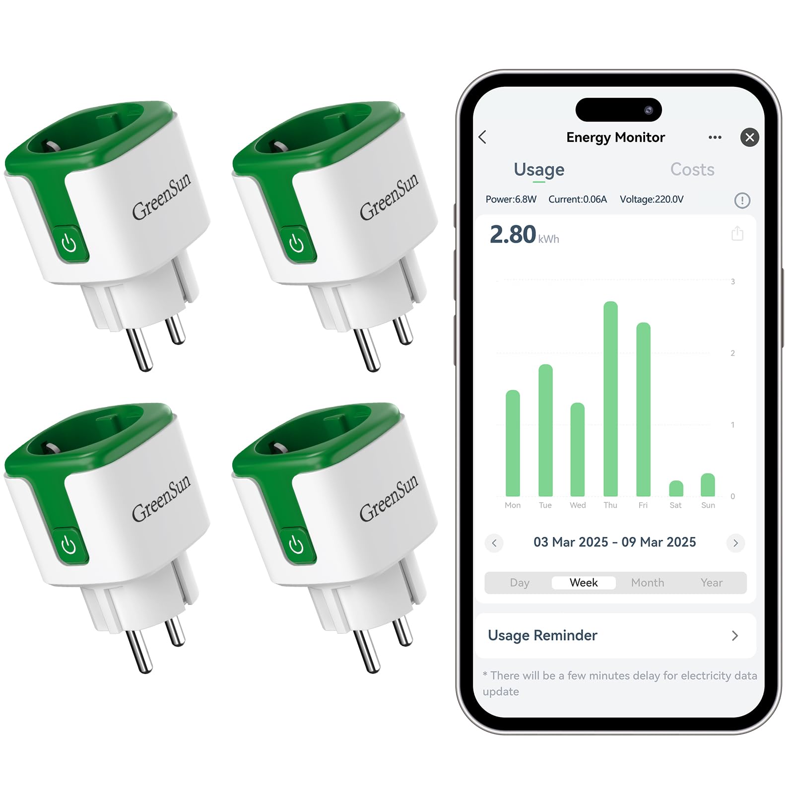 GreenSun Presa Smart WiFi - Presa Intelligente 4PCS con Monitoraggio Energetico Telecomando Smart Life App, Timer, Controllo Vocale Compatibilità con Alexa & Google Home 16A 2,4GHz