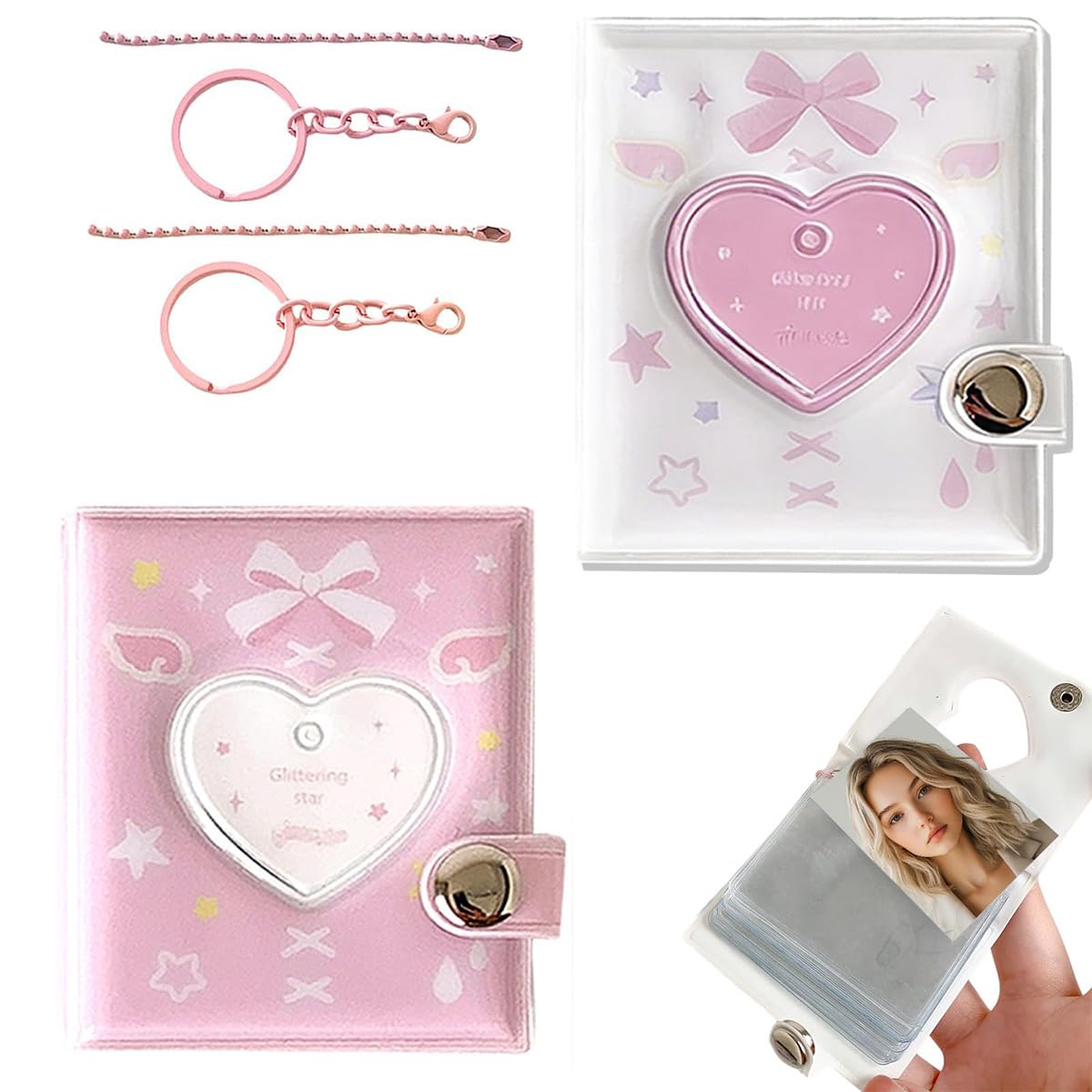 2PCS Photocard Holder, Mini Photo Album, Compact Photo Album Book for Card Collection and Photo Organisation, White and Pink Design for Standard 5.4 x 3.9 cm Cards-image-20
