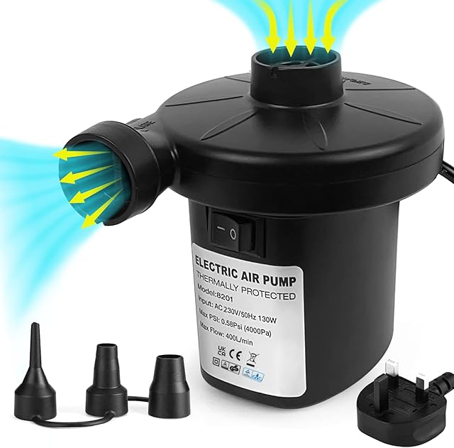 BOMPOW Electric Air Pump for Inflatables with 3 Nozzles, Electric Pump for Air Mattress, Paddling Pool AC 230V / 130W